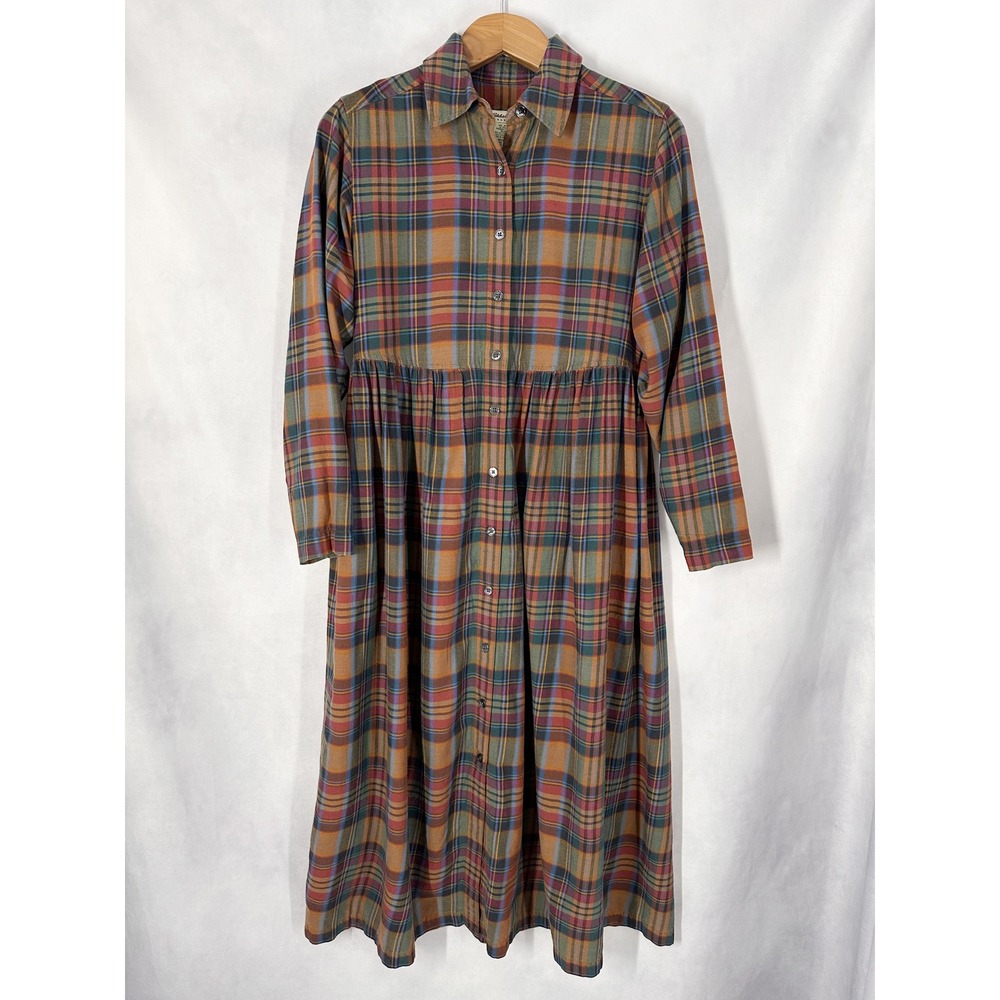 Y2K Eddie Bauer Cotton Wool Long Sleeve Fall Plaid Midi Shirt Dress Size Medium
